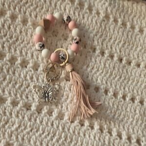 Pink, White And Heart Beaded Keychain with Tassel And Butterfly Keychain